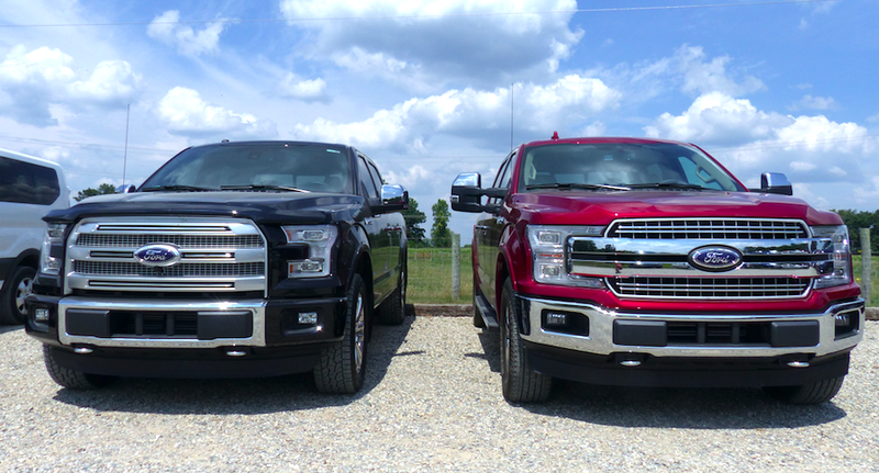 A 2017 F-150 Platinum on the left, a 2018 F-150 XLT on the right.